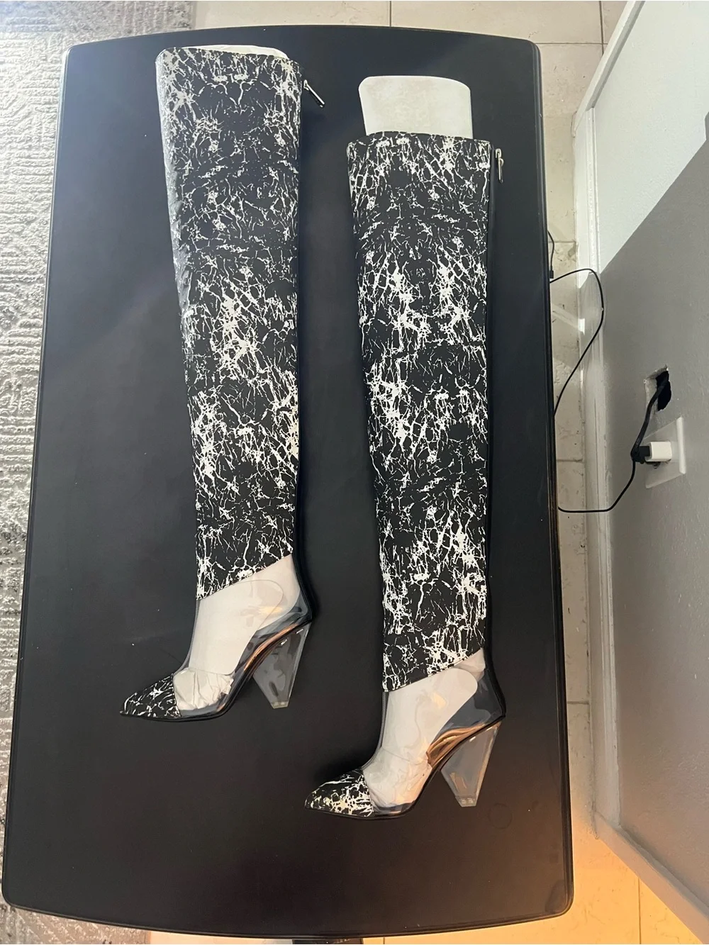 Balmain Black and White Marble Over-the-Knee Pointed Boot